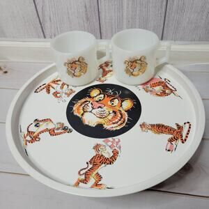 Vintage 60s Exxon/Esso Oil Tray and 2 Matching Anchor Hocking Milk Glass Mugs